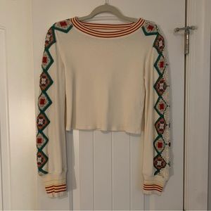 Free people white multi-colored top w/ embroidered sleeves